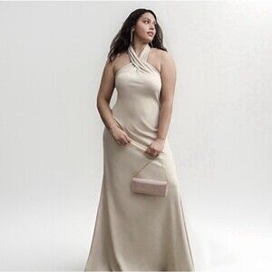 BHLDN Dress Ruby Twist Halter Satin Gown Champagne 14 Anthropologie Wedding